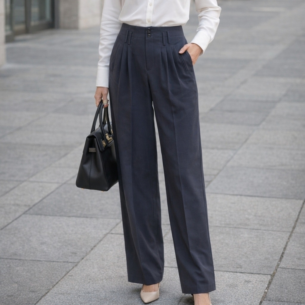 BCBGMAXAZRIA Charcoal Grey Pleated High-Waist Work Pants - Size 02